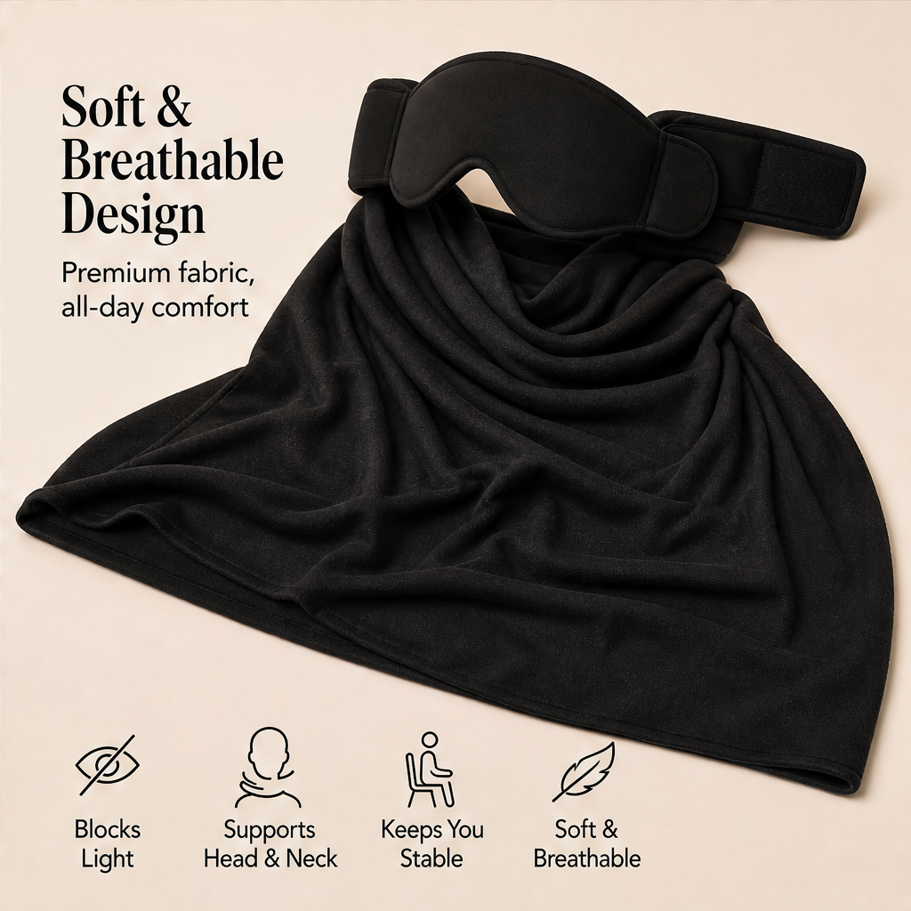 Restwing – 3-in-1 Blackout Eye Mask & Wraparound Head Support + 50% OFF features