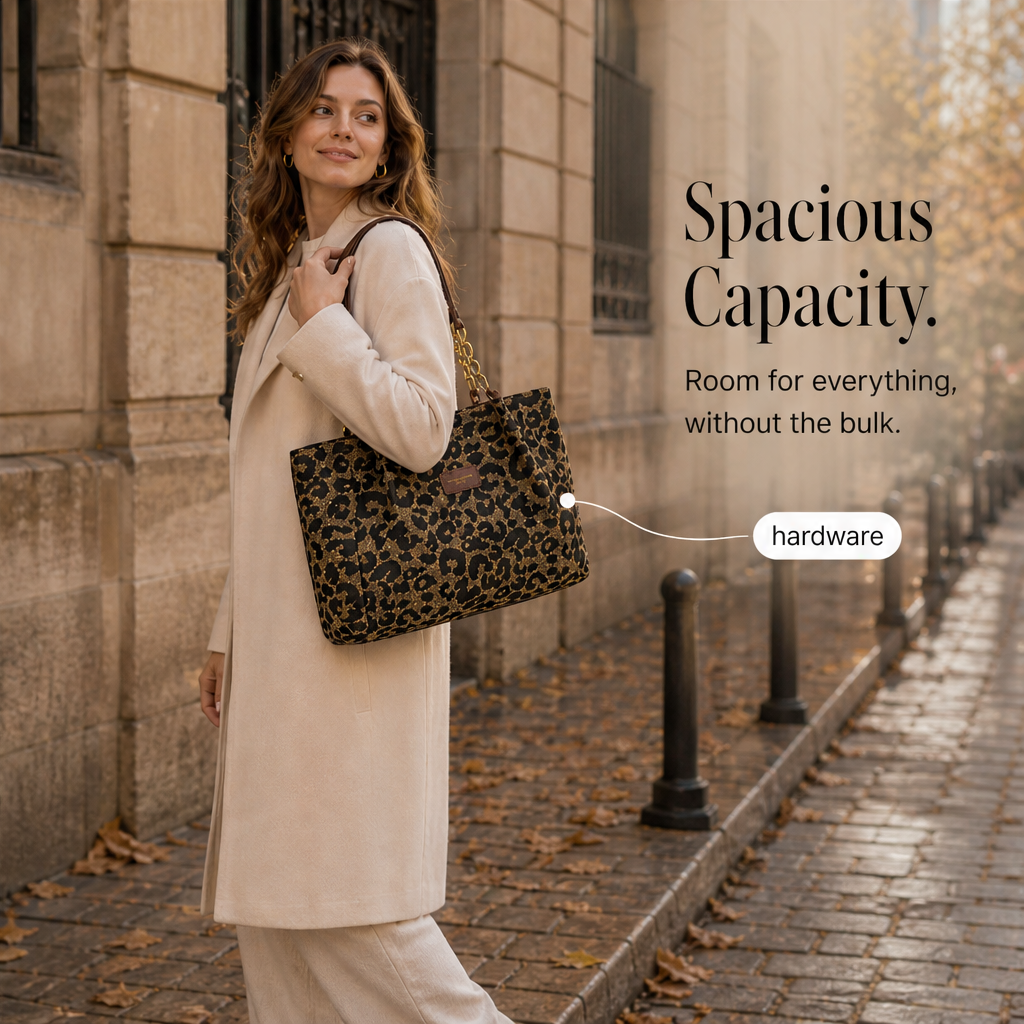 Ferravelle – Jacquard Leopard Print Tote Bag with Chain Straps + 50% OFF features