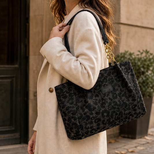 Ferravelle – Jacquard Leopard Print Tote Bag with Chain Straps + 50% OFF Black