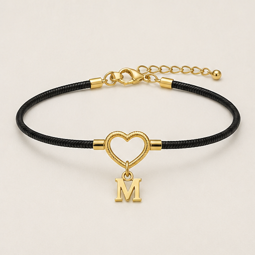 Heartlace – Personalized Initial Heart-Link Snake Chain Anklet Black
