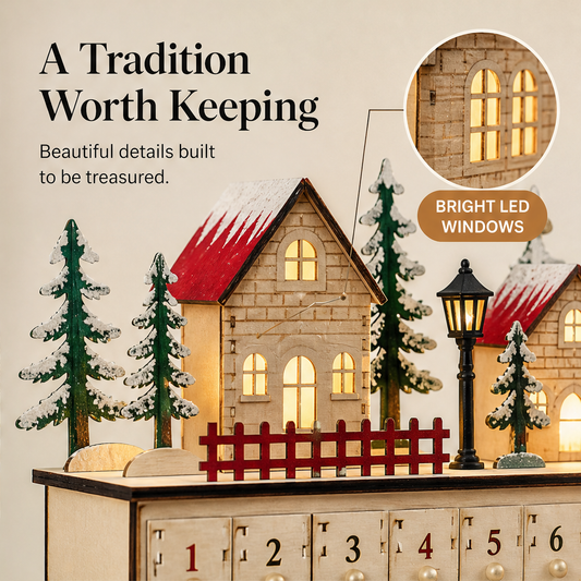 Hearthglow – 24 Pull-Out Drawers Lit Wooden Advent Village + 50% OFF features