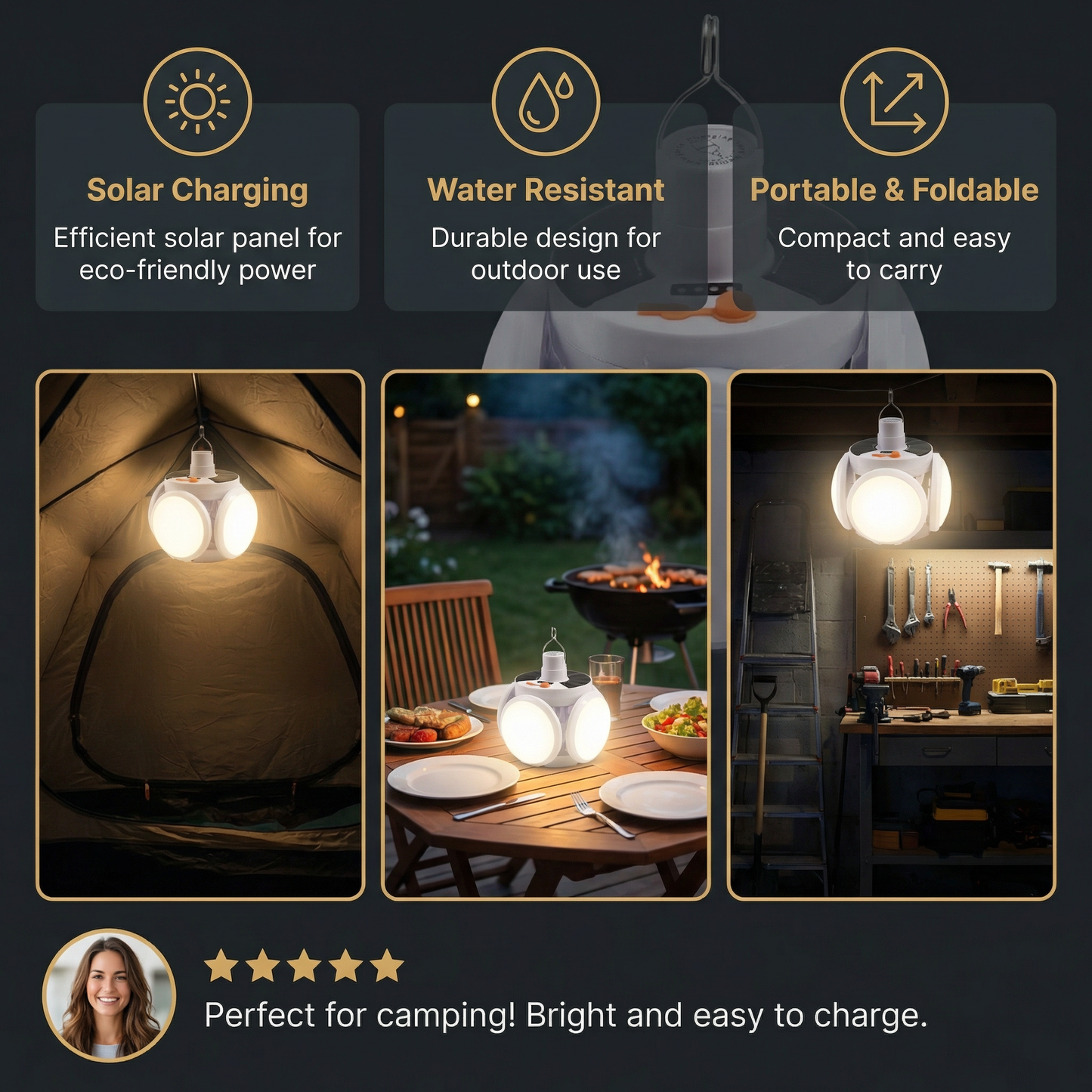 Cairnlight™ – Foldable Solar Camping Lantern with 4 LED Panels & Hanging Hook + 50% OFF