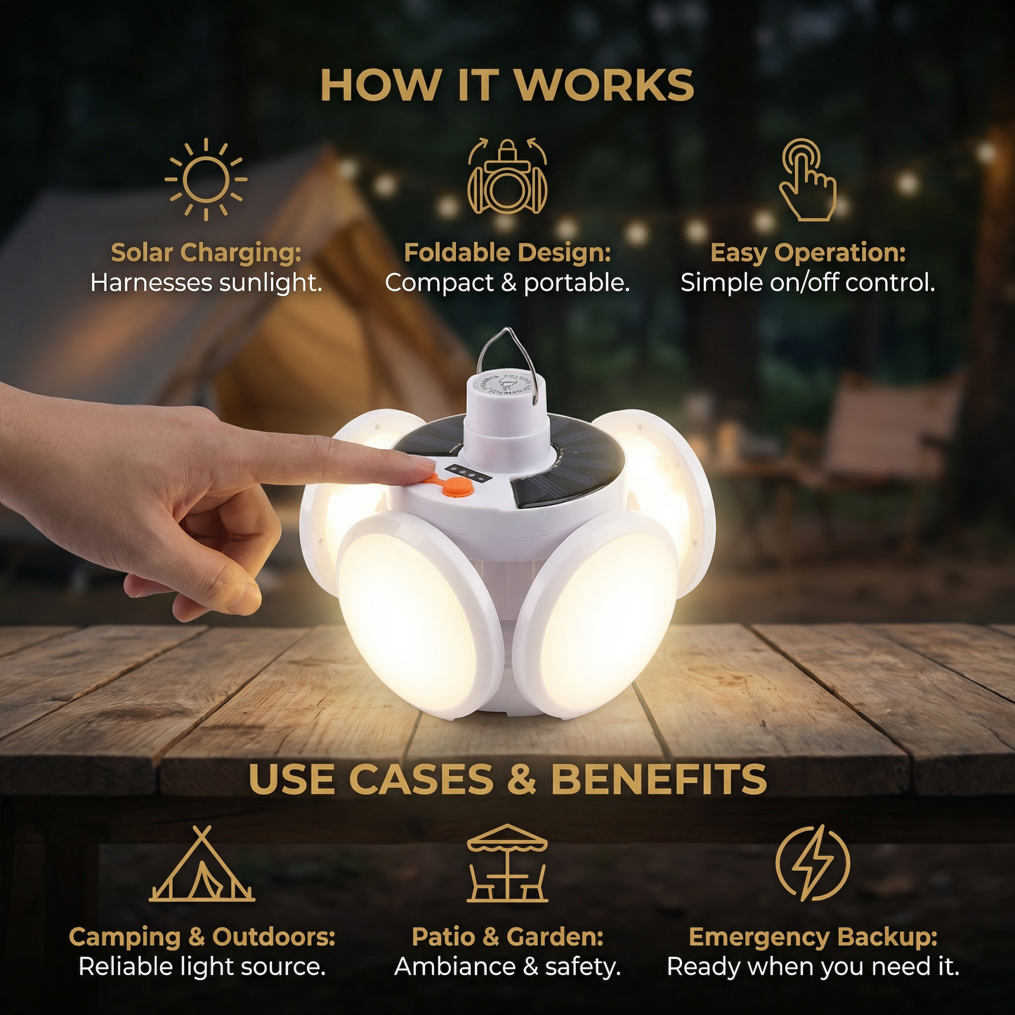 Cairnlight™ – Foldable Solar Camping Lantern with 4 LED Panels & Hanging Hook + 50% OFF