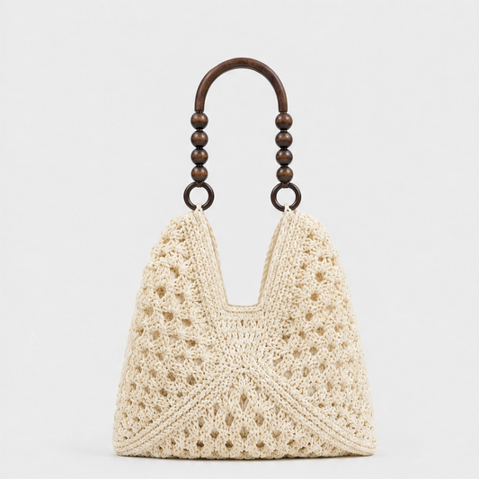 Dunecove™ – Handwoven Crochet Straw Shoulder Bag with Wooden Bead Handles + 50% OFF