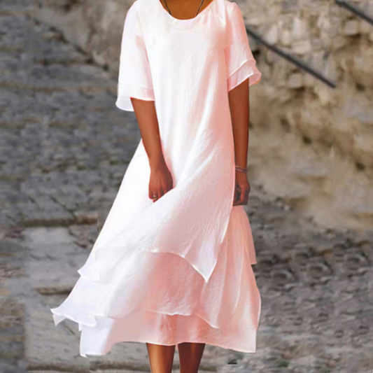 Linwell™ – Layered Cotton-Linen Flowing Midi Dress with Asymmetric Hem + 50% OFF