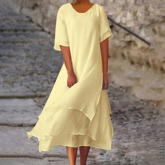 Linwell™ – Layered Cotton-Linen Flowing Midi Dress with Asymmetric Hem + 50% OFF