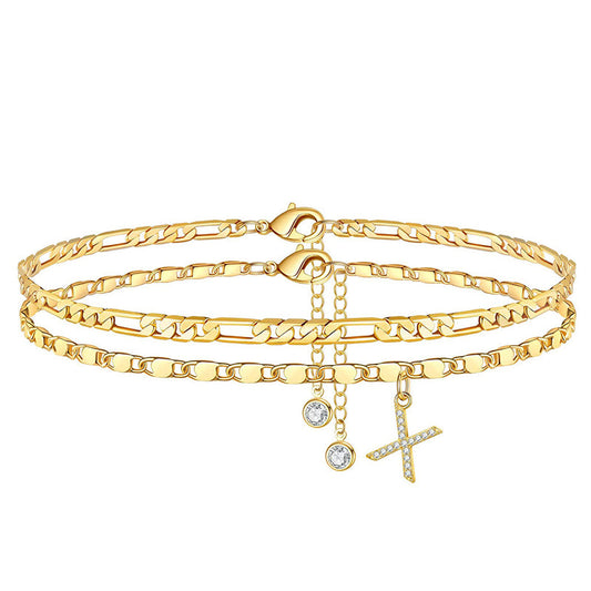Avienne™ – Layered Gold Initial Anklet with Rhinestone Charm + 1+1 FREE