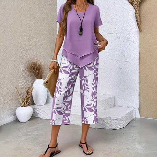 Olivelle™ – Layered Asymmetric Tunic & Leaf-Print Capri Set + 50% OFF