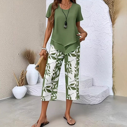 Olivelle™ – Layered Asymmetric Tunic & Leaf-Print Capri Set + 50% OFF