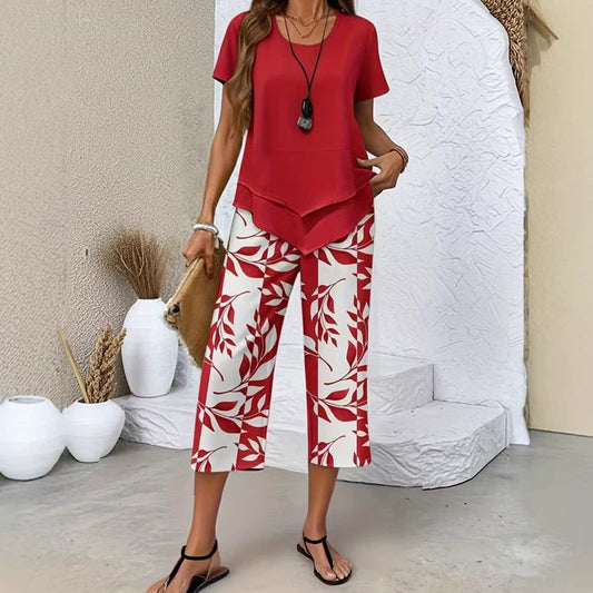 Olivelle™ – Layered Asymmetric Tunic & Leaf-Print Capri Set + 50% OFF