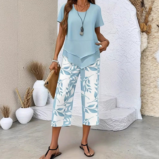 Olivelle™ – Layered Asymmetric Tunic & Leaf-Print Capri Set + 50% OFF